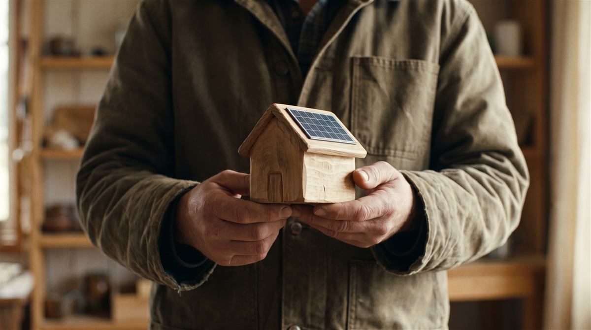 Mãos segurando maquete de casa com telhado solar