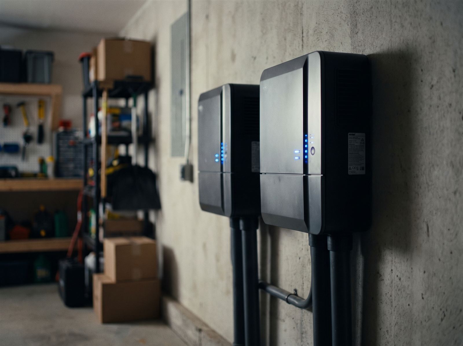 Sistema de baterias e inversor instalado em parede de garagem